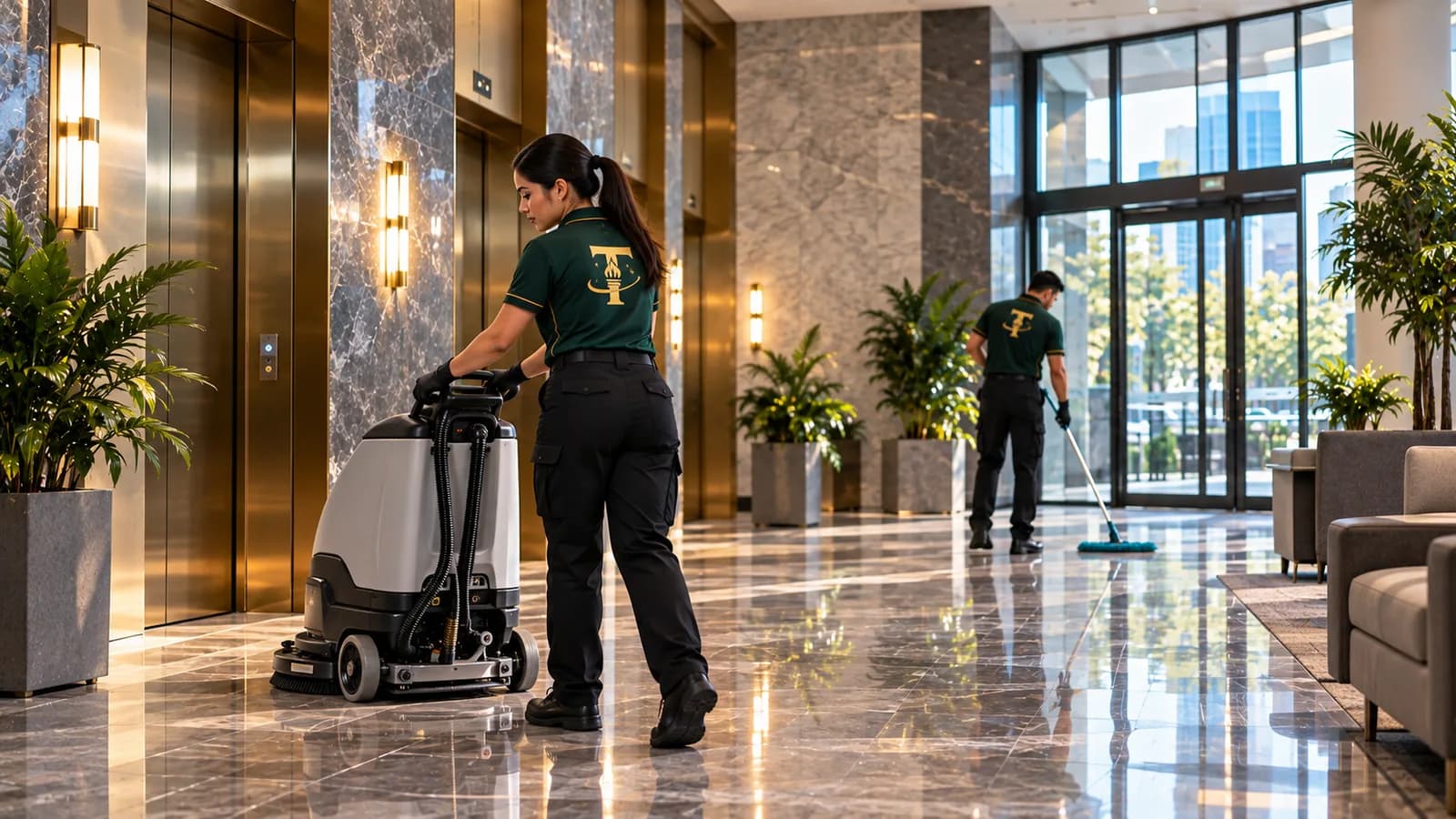 Titan Shine team cleaning a commercial building lobby